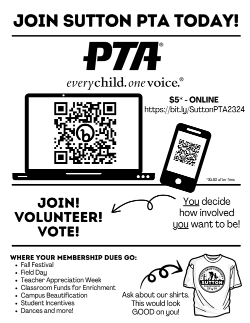 Join Sutton PTA Today! $5 online. Join Volunteer Vote.