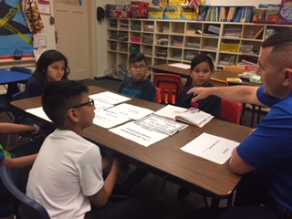 EL students in small group instruction with EL paraprofessional.